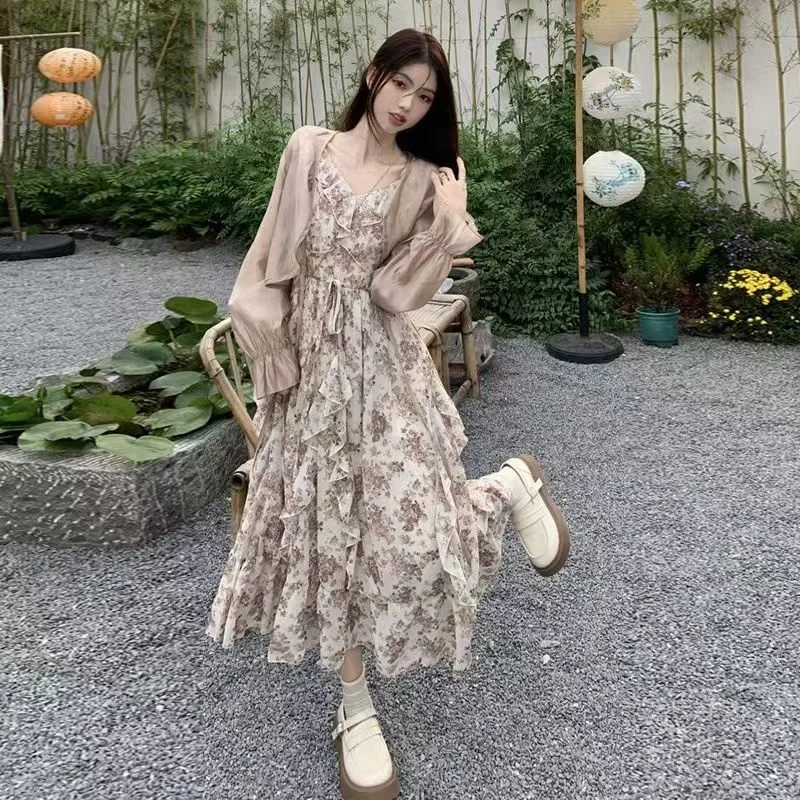 섹시한 꽃 맥시 드레스 여성 여름 쉬폰 카디건 탑 민소매 드레스 프랑스 스타일 프릴 여성 Boho Beach Party Vacation