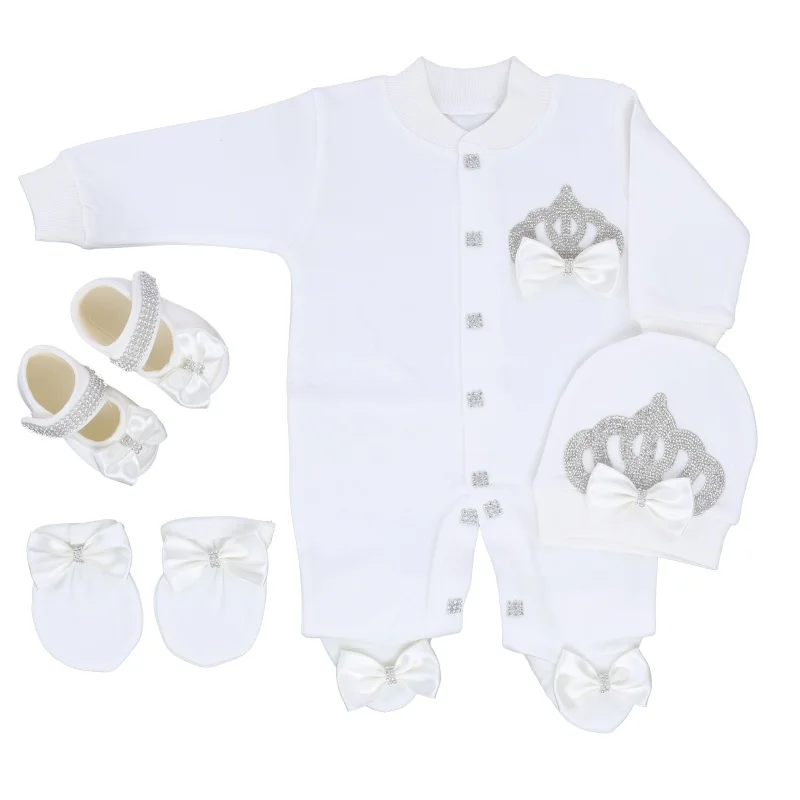 Newborn Baby Footed Romper 0-9 Months 4Pcs Off White Silver Rhinestone Crown Bow Long Sleeve Jumpsuit Royal Boutique Baby Gift