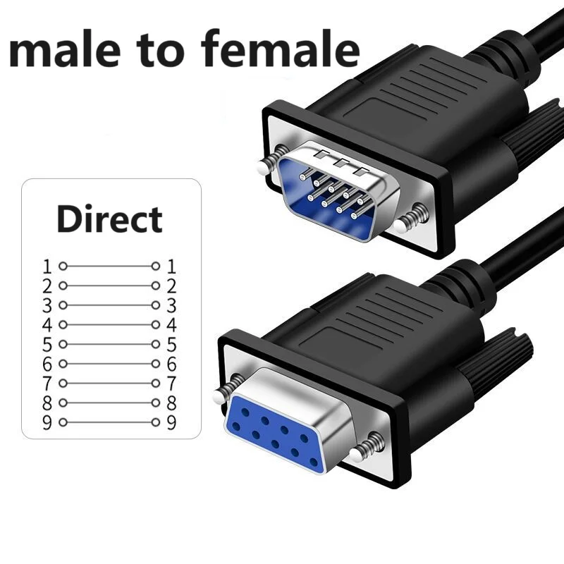 DB9 seriële poort RS232-kabel, verbindingskabel, 9-pins RS232-kabel naar RS-232, DB9F naar DB9F, mannelijke naar vrouwelijke connector, mannelijke kabel.