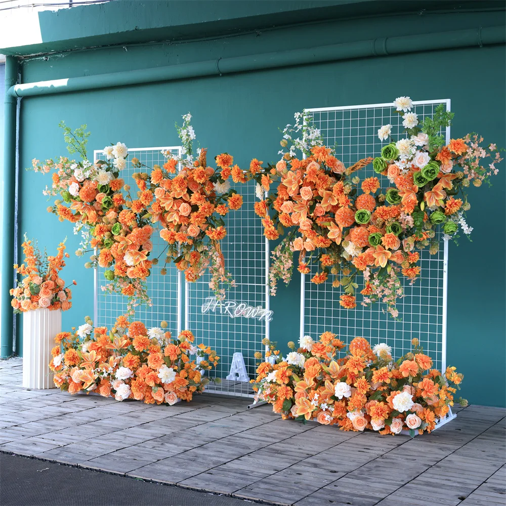 Luxury Artificial orange Rose Flower Row Runner Wedding Background Arch Decor Floral Arrangement Home Party Event Photo Prop