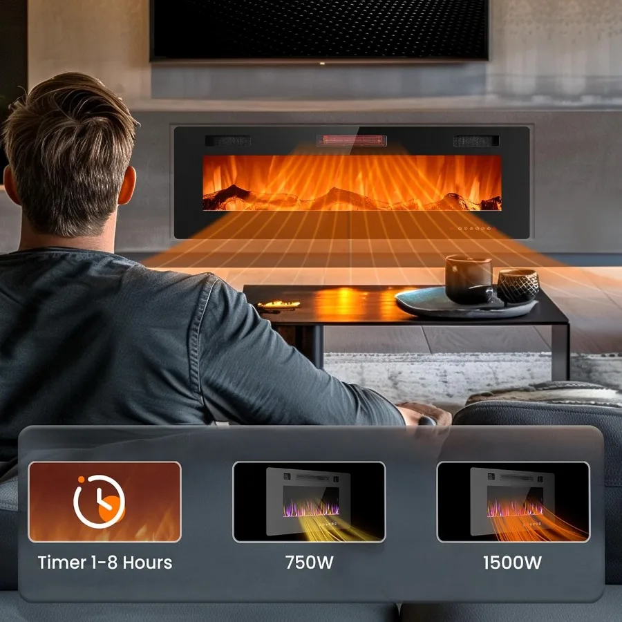 Inserti per caminetto elettrico da 50 pollici per installazione da incasso a parete e montata a parete Capacità di riscaldamento 750 1500 W con touch screen