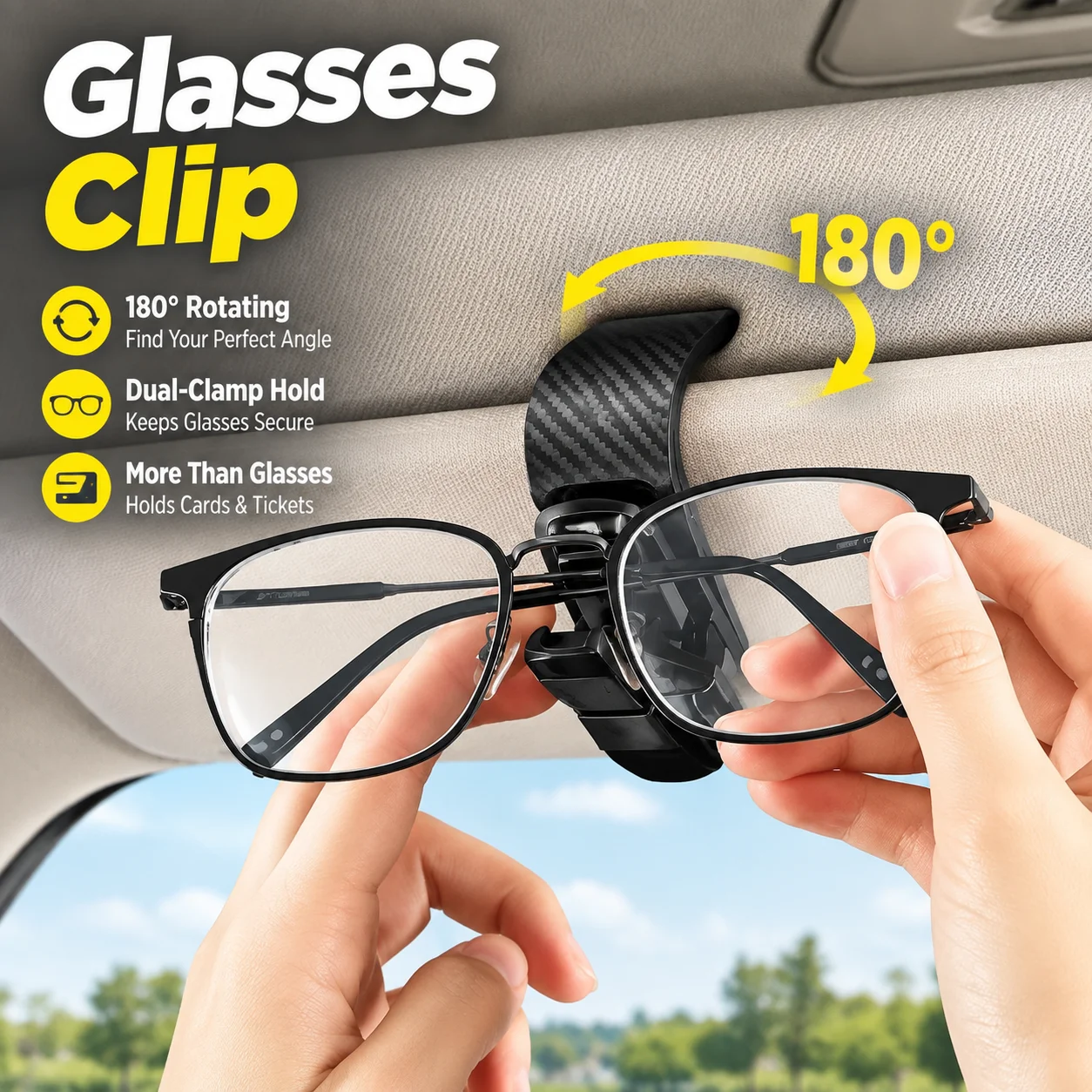 Universal Carbon Fiber Car Glasses Clip 180° Rotating Dual-Clamp Visor Holder for Eyewear Cards Tickets ABS