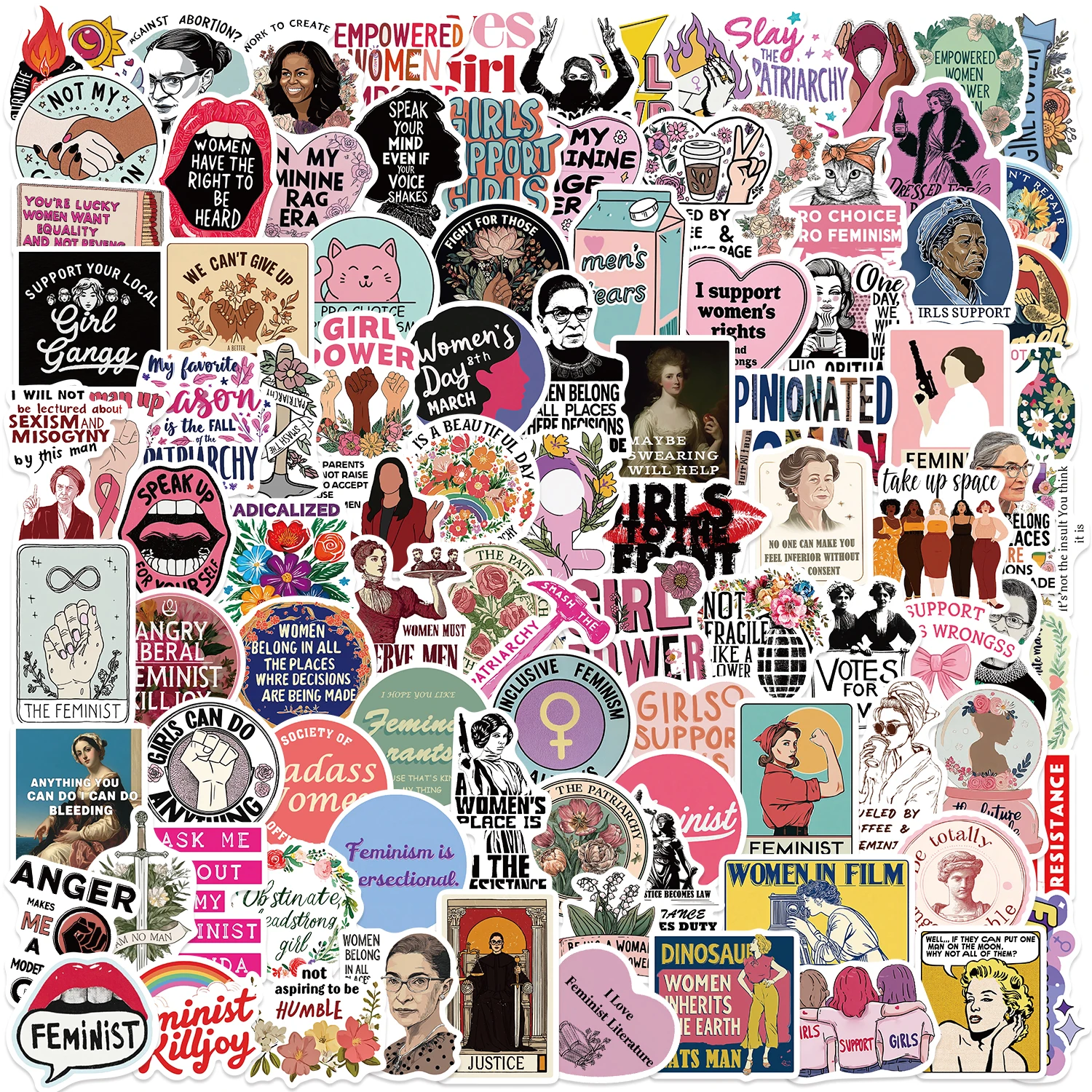 100 Stück Cartoon-Feminismus Klebende PVC-Aufkleber DIY Laptop Gepäck Skateboard Farbige Dekoration Scrapbooking Wasserfeste Vinyl-Aufkleber
