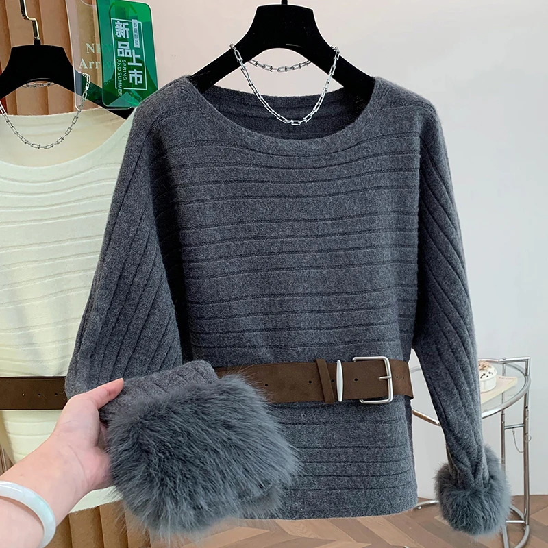 

Lush Knitwear Women's Sweater 2026 Spring Seasonal Fashion Large Size Lazy Style One-Shoulder Mink Sleeve Woolen Knitwear