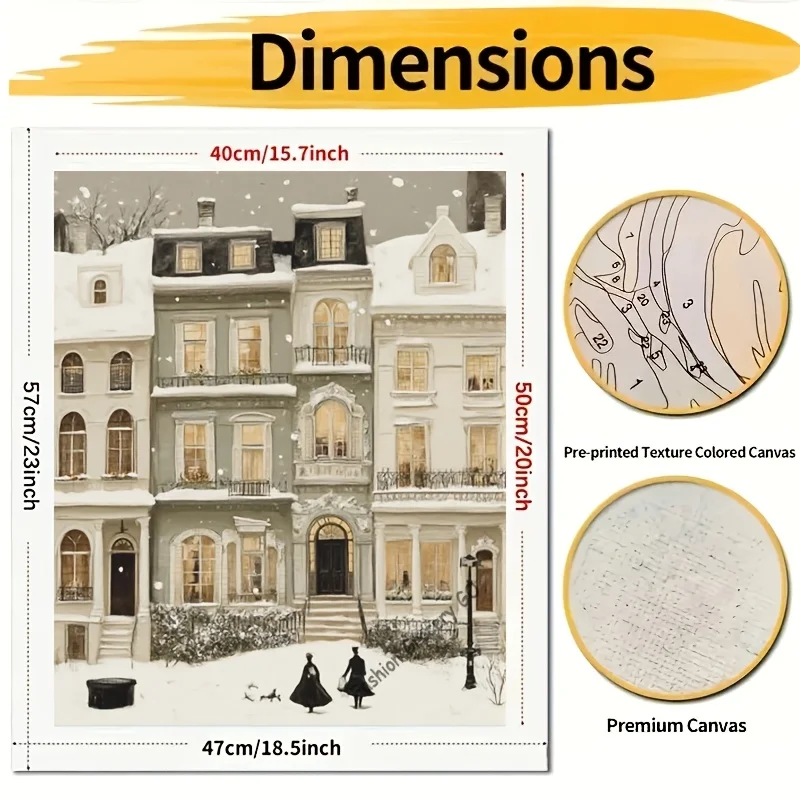 Professional Art Use 1 Set Adult DIY Paint by Numbers Kit: European-style Building in Snow with Pedestrians, Acrylic Painting Se