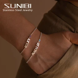 SUNIBI DIY Birthstone Personalized Letter Customized Name Bracelet for Women Stainless Steel Jewelry Gift Support Dropshipping