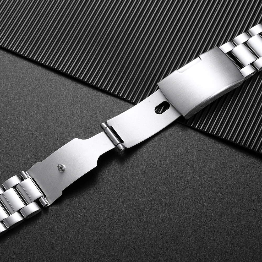 Universal Strap Stainless Steel Watch Band 18mm 20mm 22mm Folding Safety Buckle Arce End Bracelet Three Beads Belt Accessories