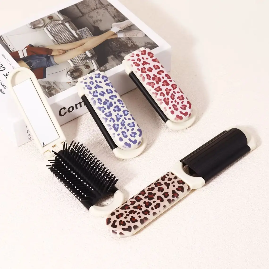 

1pc portable folding mirror comb with air cushion,leopard print pattern,portable travel makeup mirror,Special for real hair wigs