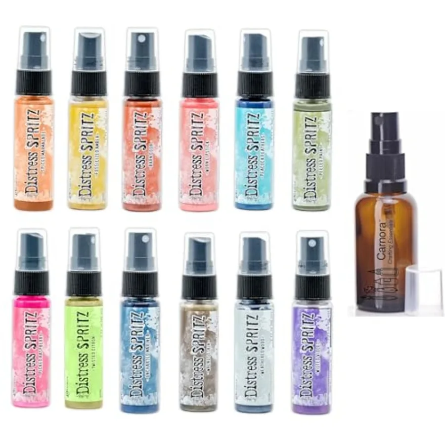 

Набор спреев для создания эффекта состаривания Ink Tim Holtz Distress Spritz # Набор из 12 светящихся цветов в бутылках по 1 унции, 1 янтарный флакон Carnora, выпуск июнь 2024 г.