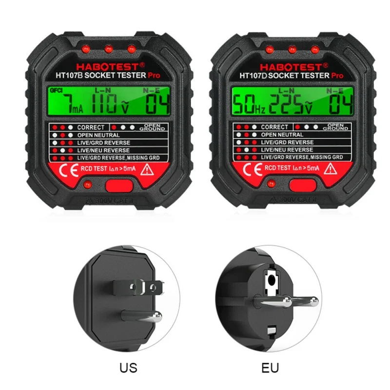 HT107B HT107D HABOTEST GFCI Outlet Tester with Voltage Display 90-250V Socket Tester Detector Voltage Meters Black