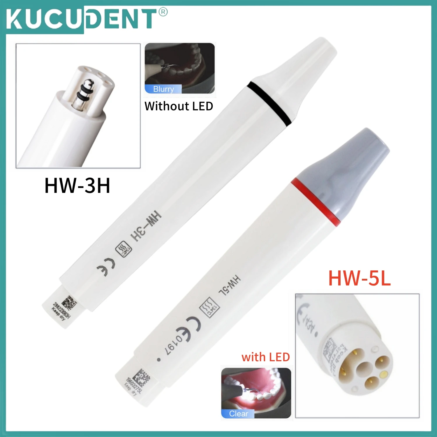 KUCUDENT Dental Ultrasonic Scaler Handpiece HW-3H HW-5L fit for WOODPECKER/EMS Scaling Tips Detachable LED Light Teeth Cleaning