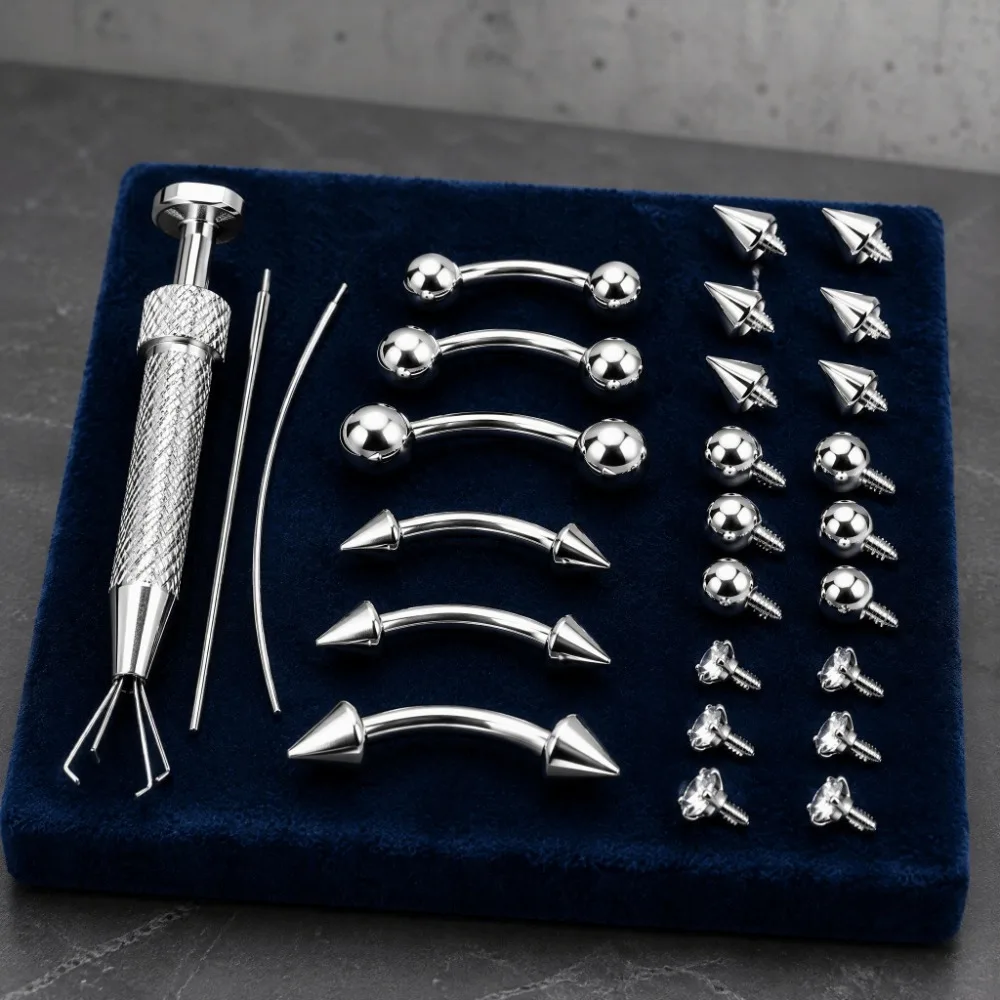27/11/12Pcs Stainless Steel Eyebrow Piercing Jewelry Set Internal Thread Disposable Nose Piercing Kit with Nose Stud Rhinestone