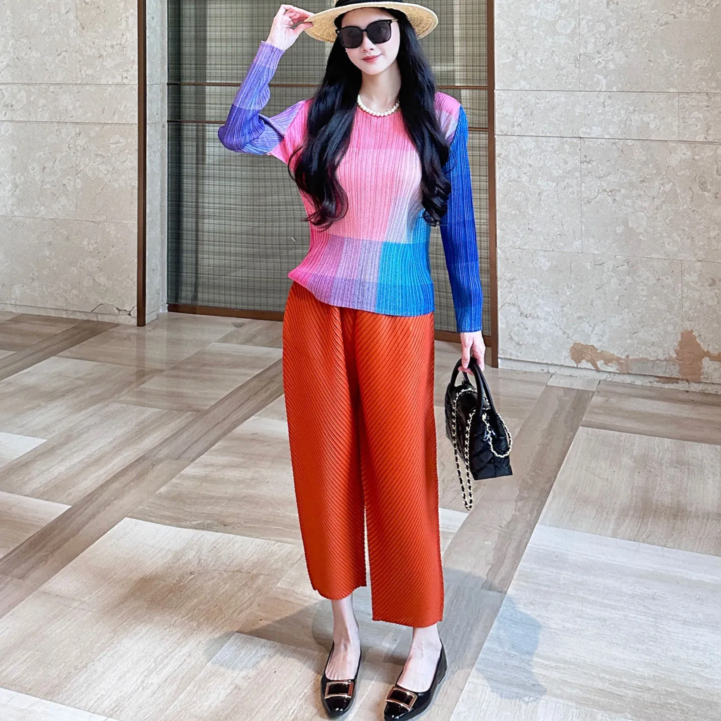 Miyake Summer Long-sleeved Retro Wear Pleated Contrasting Top Pleats High Waist Wide Legs Plisse Eight-point Pants Pleated Suit