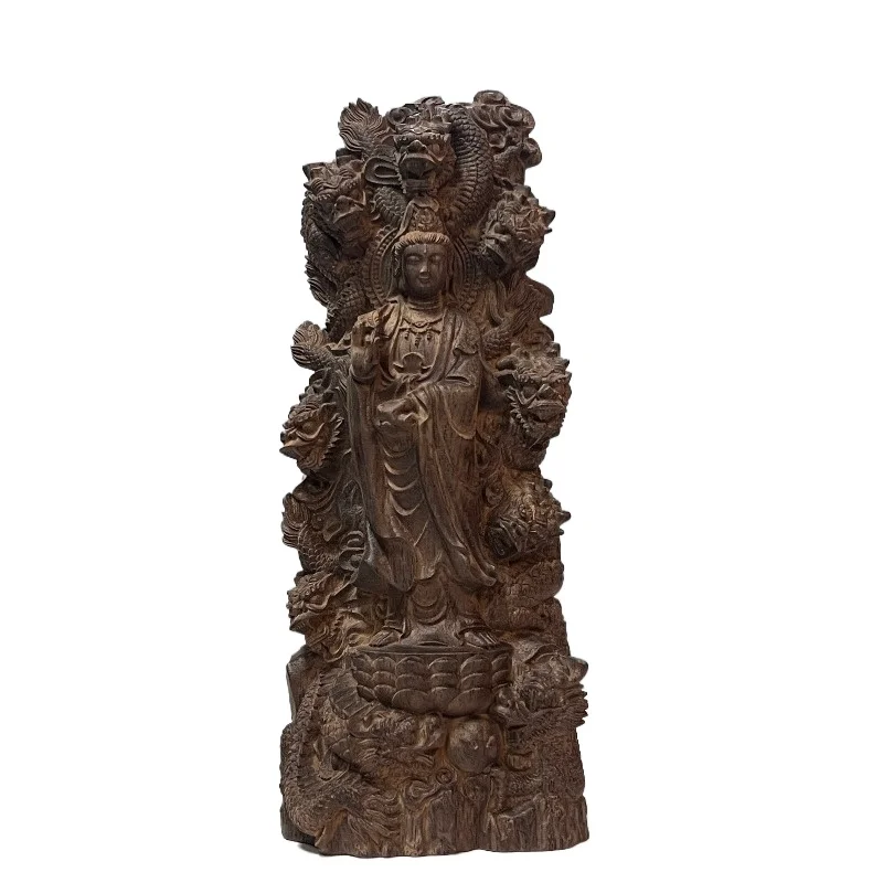 

Hand-Carved Premium Wood Nine-Dragon Guan Yin Buddha Statue - 7.5" Traditional Zen Figurine for Home Living Room Feng Shui Decor