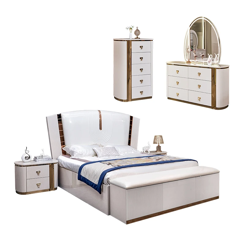 White Modern Deluxe King Bed Full Bedroom Set Leather Upholstered Home Room Wooden Frame