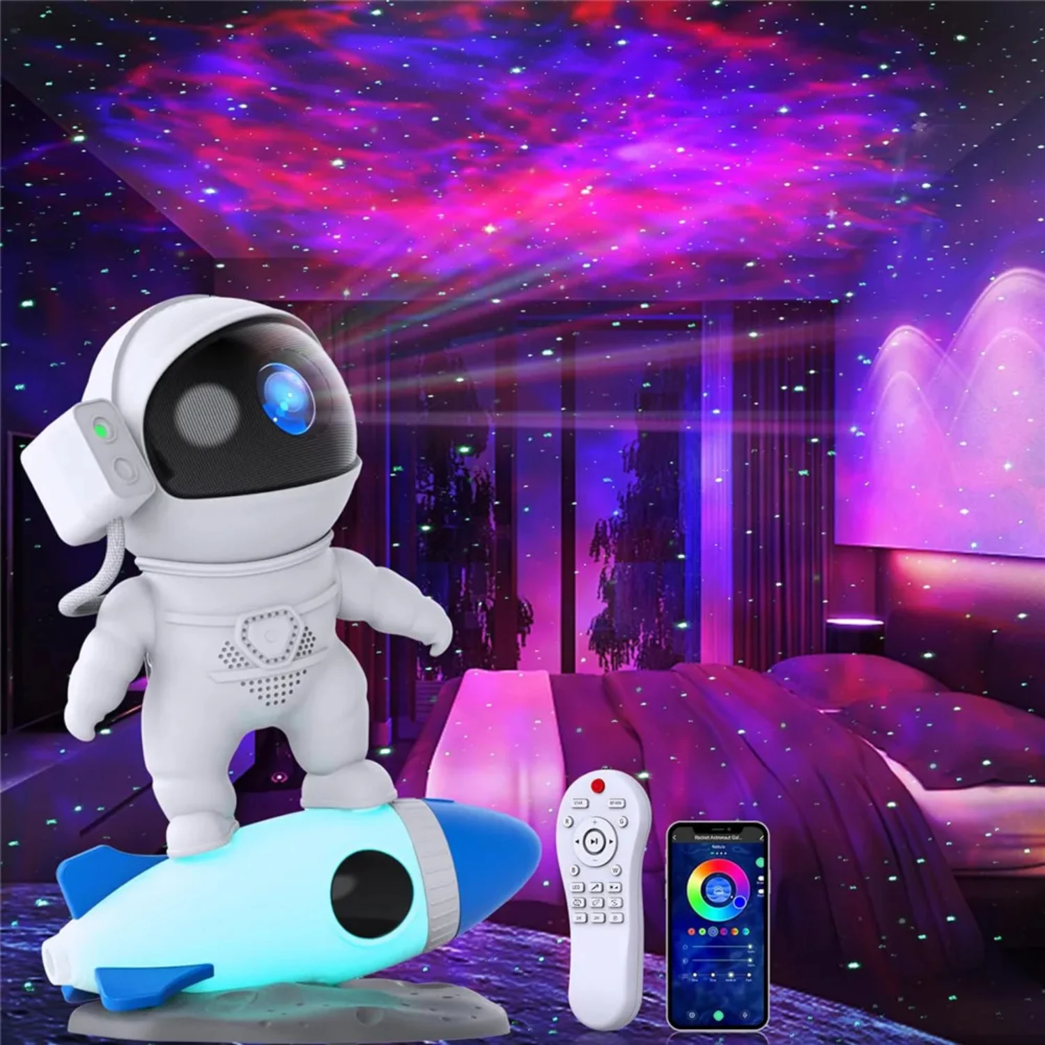 Upgrade your bedroom with the enchanting Rocket Astronaut Night Light Projector - showcasing breathtaking starry sky and planeta