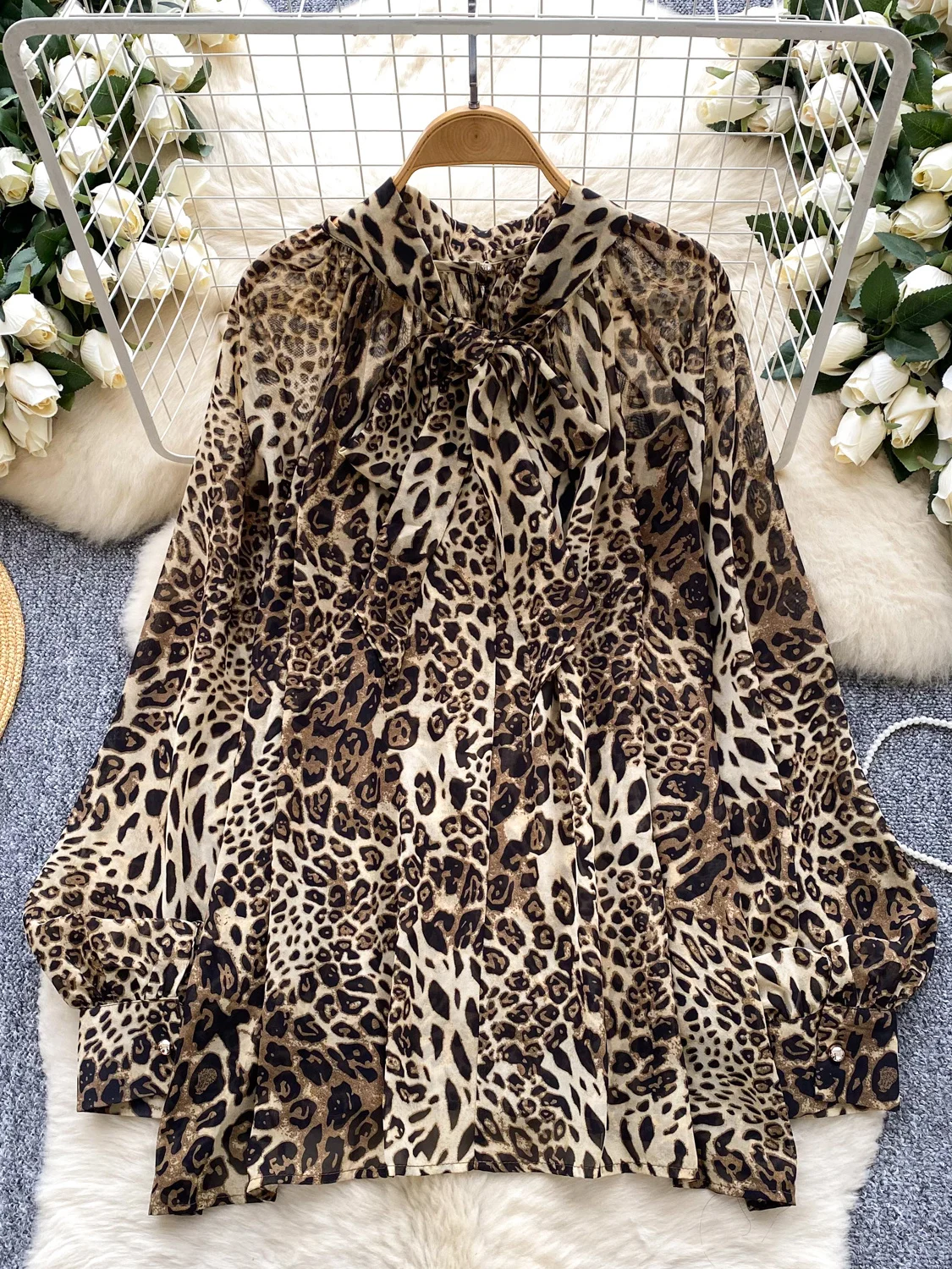 

French Style Ribbon Long Sleeve Printed Shirt for Women Slimming and Versatile Stylish Top