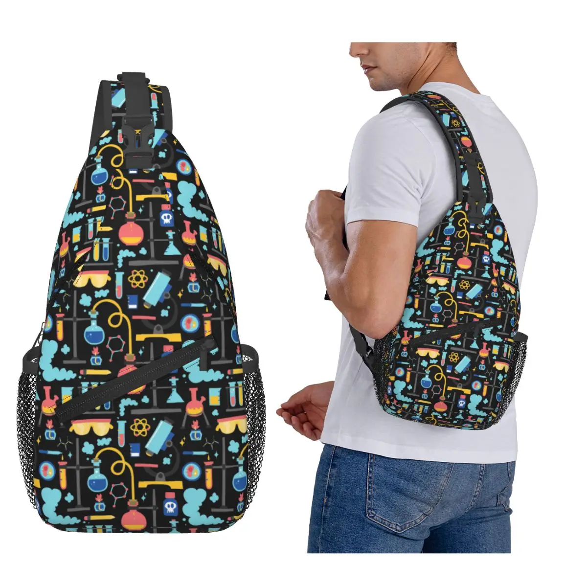 Chemistry Lab Science Equipment Pattern Chest Bag Men Sling Crossbody Backpack Chest Bag Traveling Hiking Daypack Shoulder Bag