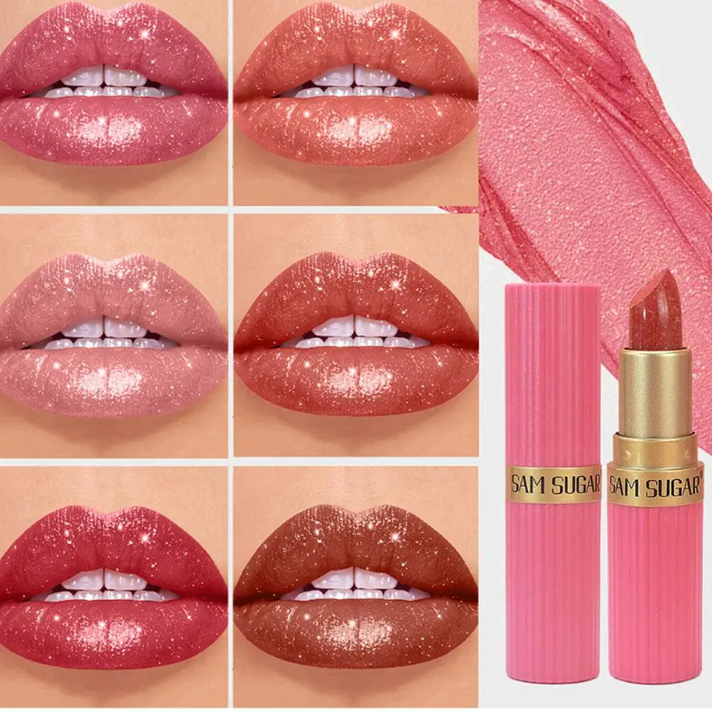 6 Color Diamond Pearlescent Lipstick Glitter Shiny Metallic Lipstick Lip Tint Lasting Nude Shimmer Shiny Lip Gloss Beauty Makeup
