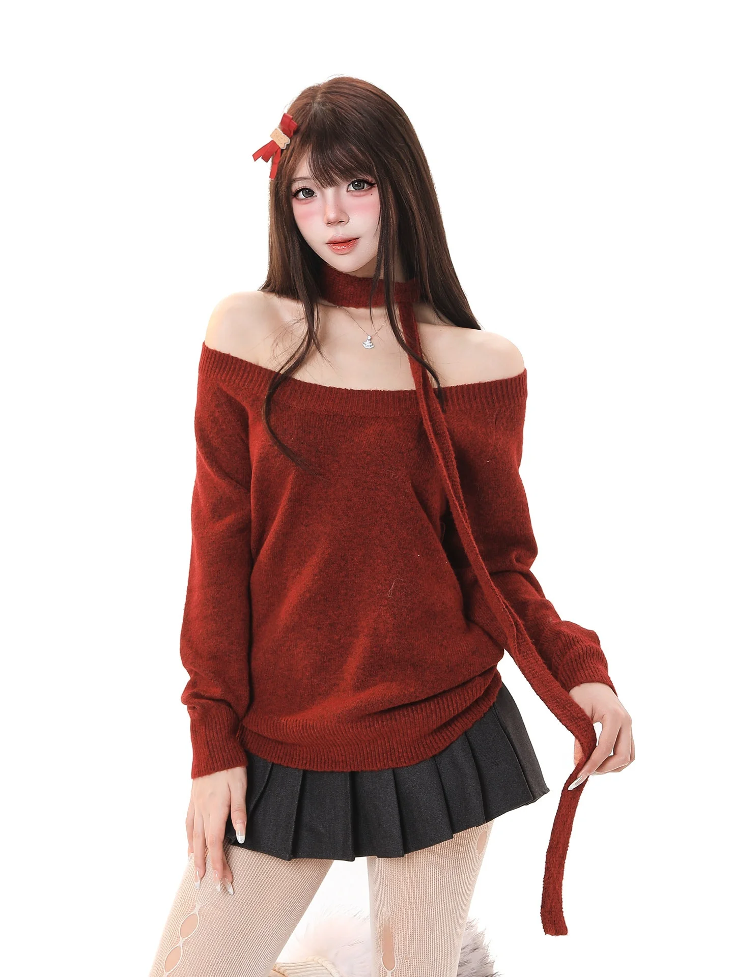 

Red Knitted Sweater with Ribbon Bindi for Girls Spring Autumn New Year Aosphere Sensation One oulder Sle Long Sve Top