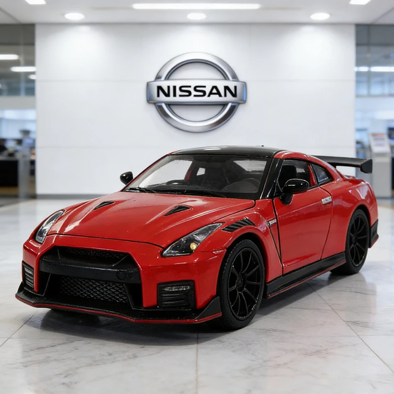Coche de juguete de aleación Nissan GTR R35 NISMO a escala 1:32, modelo fundido a presión de metal con sonido y luz, juguetes de coche para niños, vehículo.