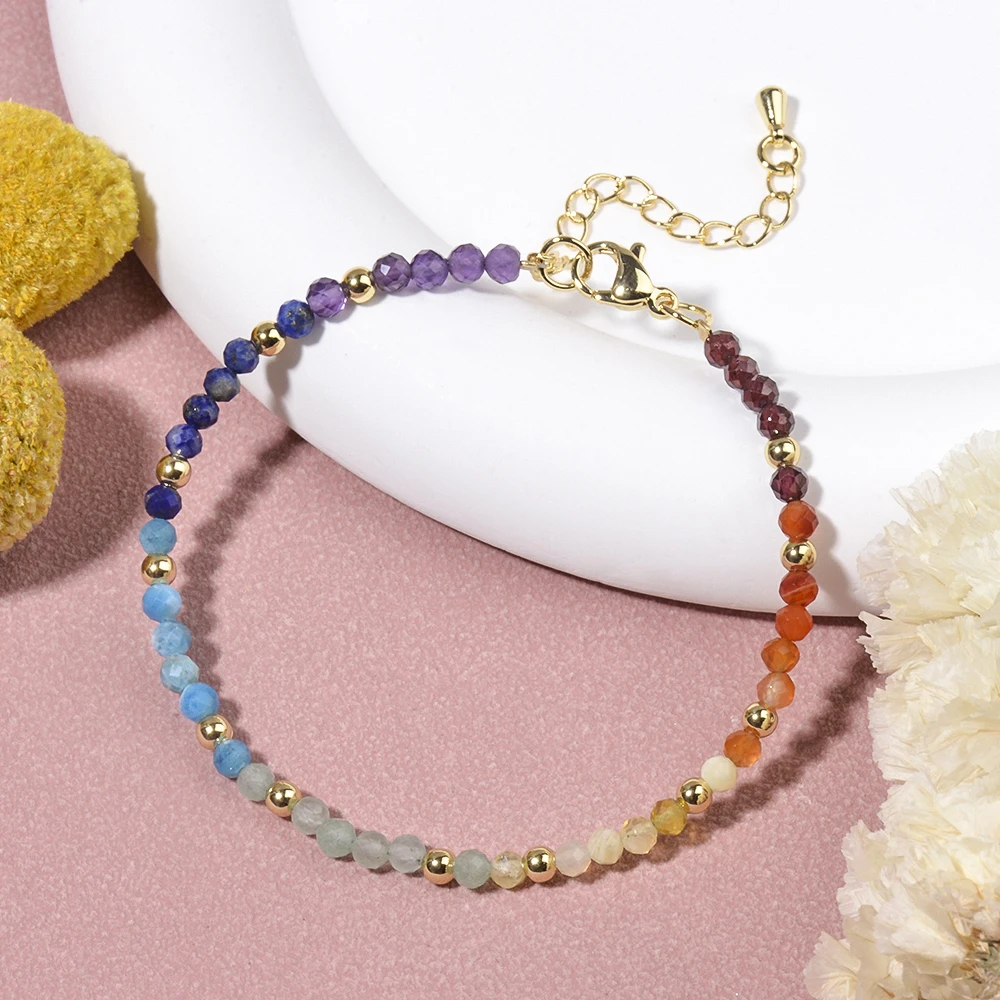 Natural Stone Mixed Gemstone Garnet Carnelian Yellow Opal Amethyst Lapis Green Aventurine Apatite Faceted Rounds Beads Bracelets