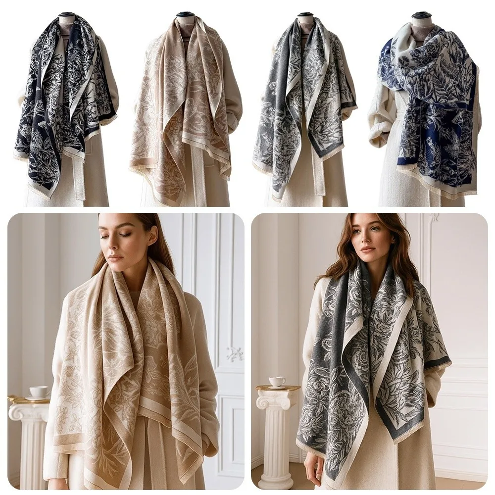 

Floral Jacquard Imitation Cashmere Scarf Double Sided Soft Blanket Scarf Tassel Design Warm Pashmina Shawl for Winter Season