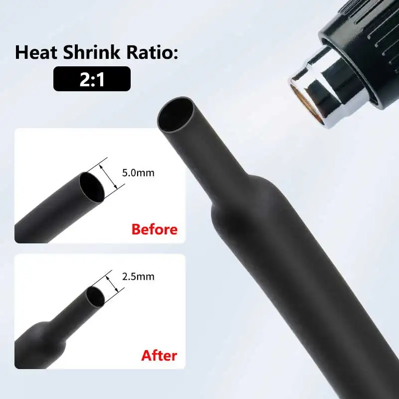 Black 2:1 Heat Shrink Tube 0.6mm~210mm Polyolefin Cable Repair Heat Shrinkable Tubing Heat-Shrink Cable Insulation Wrap Sleeve