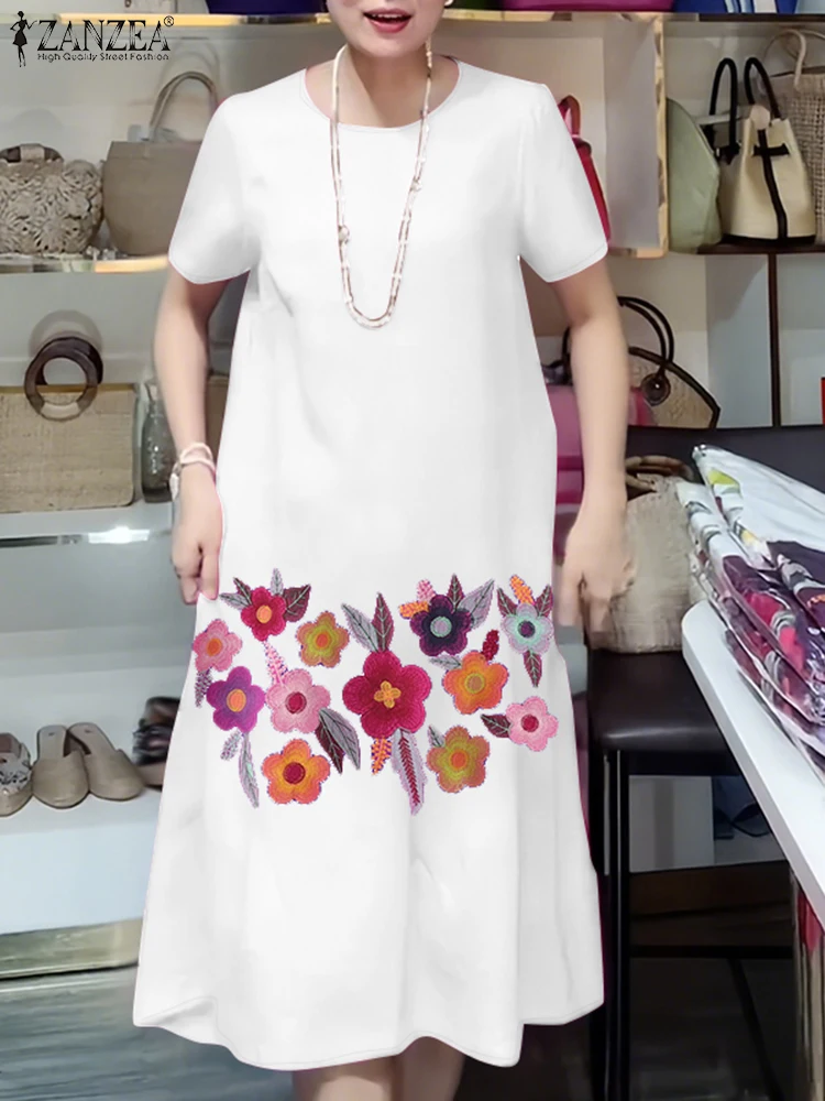 ZANZEA Sommer Floral Stickerei A-line Roben Femme Oansatz Frau Kurzarm Casual Vestidos Mujer Pendeln Knie-Länge Kleider