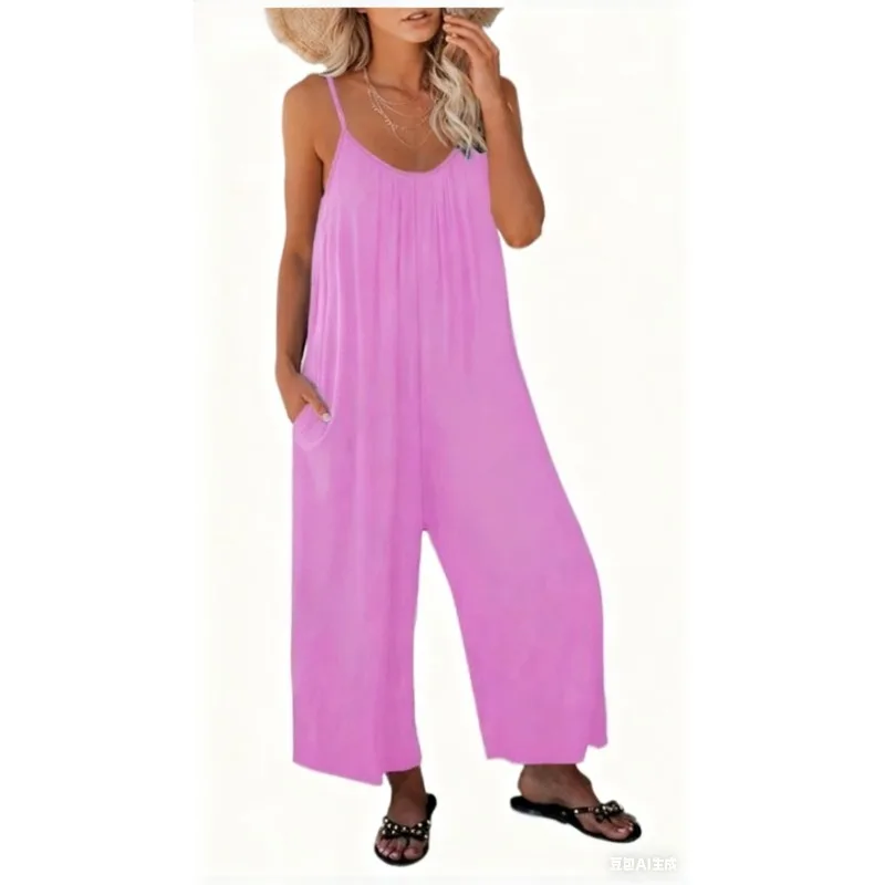 Tuta a canotta da donna in stile europeo e americano, nuova tuta casual con tasca in tinta unita transfrontaliera estiva