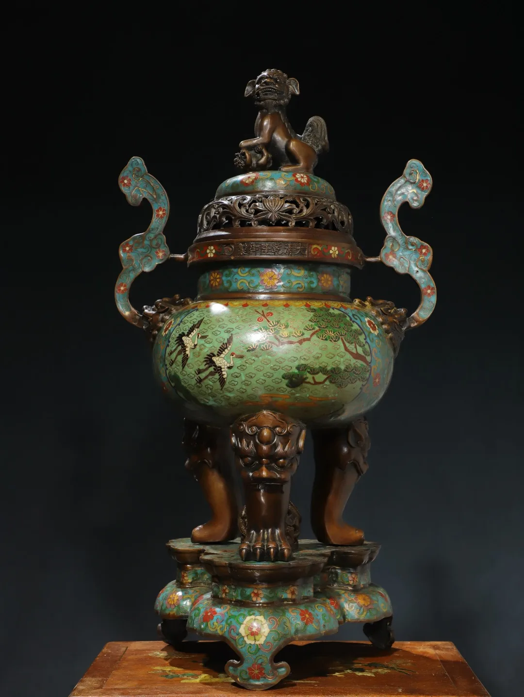 

24"Tibetan Temple Collection Old Bronze Cloisonn Enamel Longevity Texture Ruyi Incense Burner Base Amass wealth Ornaments