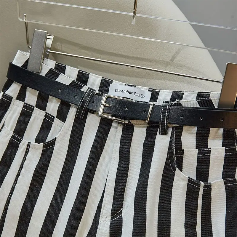 Simplicity Office Lady Striped Wide Leg Women Spring Summer Fashion High Waist Appear Thin Straight Trend All-match Casual Jeans