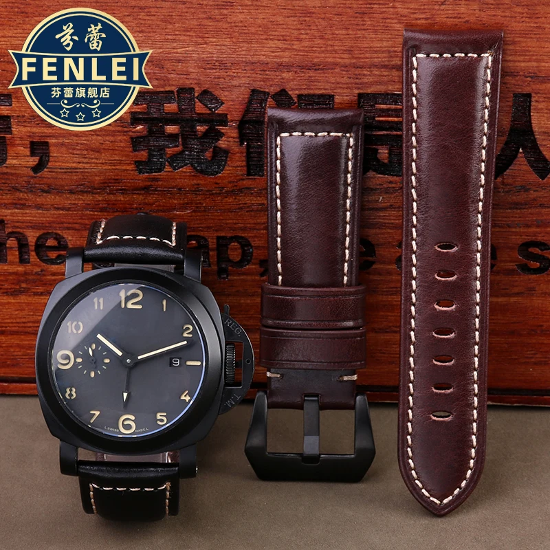 Vintage Thick Crazy Real Cow Leather Strap For Panerai Luminor Tudor Blakc Bay Seiko Men‘s Watch Band 22mm 24mm 26mm Waterproof