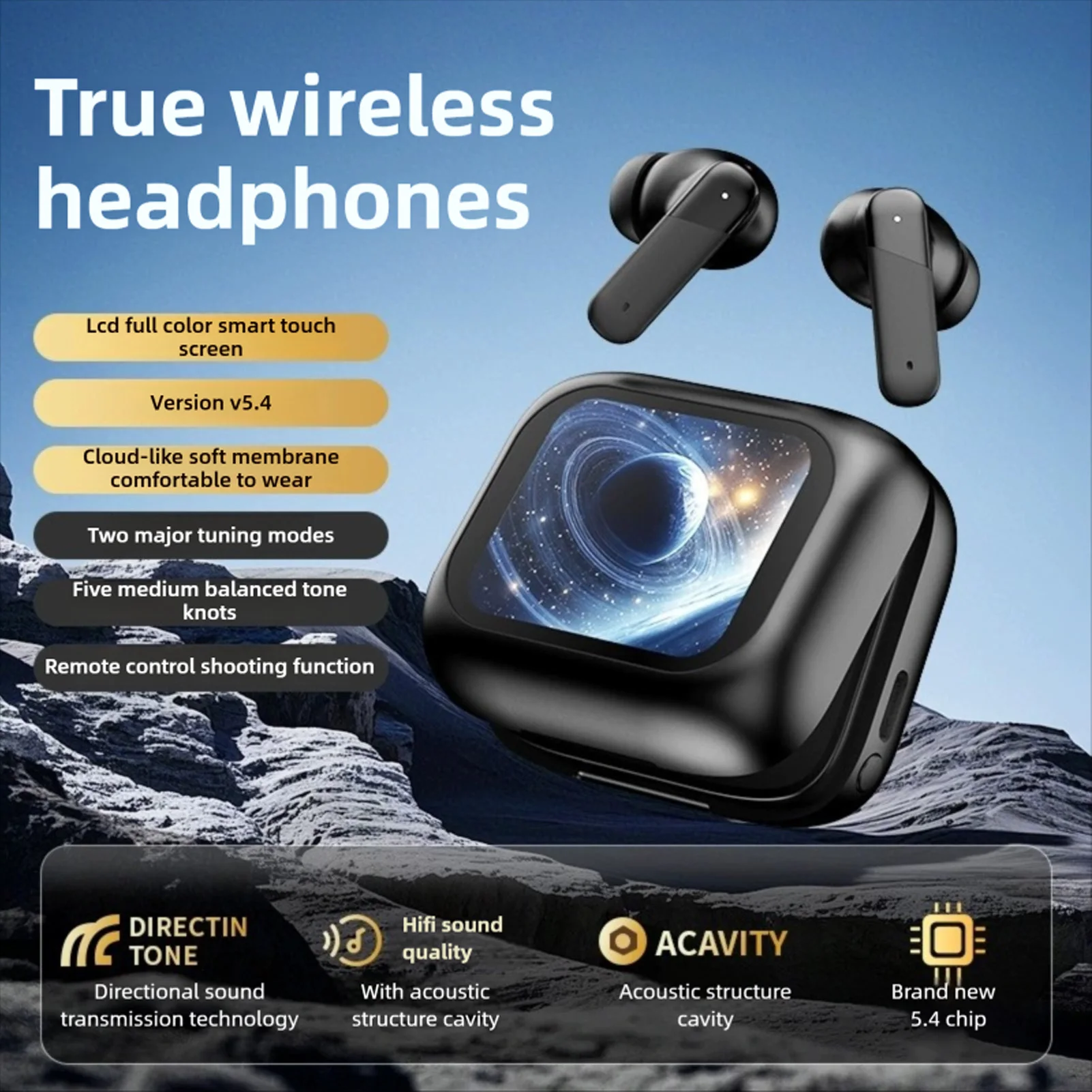 Wireless Earbuds HiFi Surround Sound Bluetooth 5.4 Earphones with LCD Full Color Touch Screen ireless Bluetooth Ear Buds