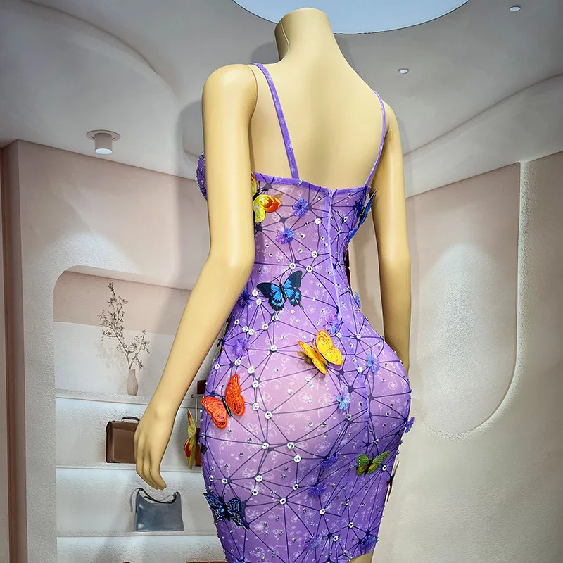 Glamorous Purple Three-Dimensional Butterfly Sling Dress - Elegant Slim Fit Seaside Party Outfit for American Sweetheart Style