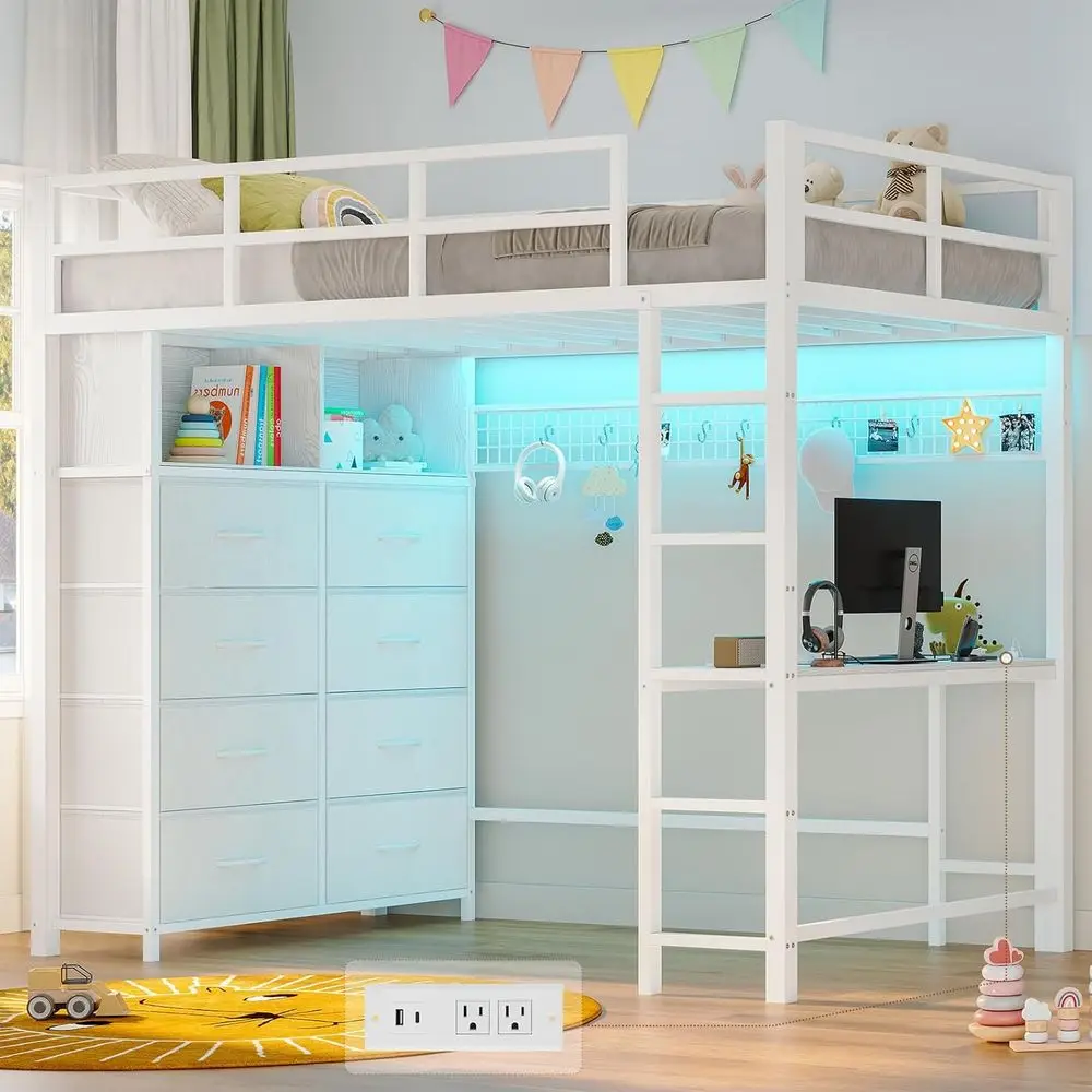 

Двухъярусная металлическая кровать Twin Size со столом, светодиодной подсветкой, зарядной станцией, полками для хранения, защитным ограждением и лестницей, без необходимости использования пружинного основания.