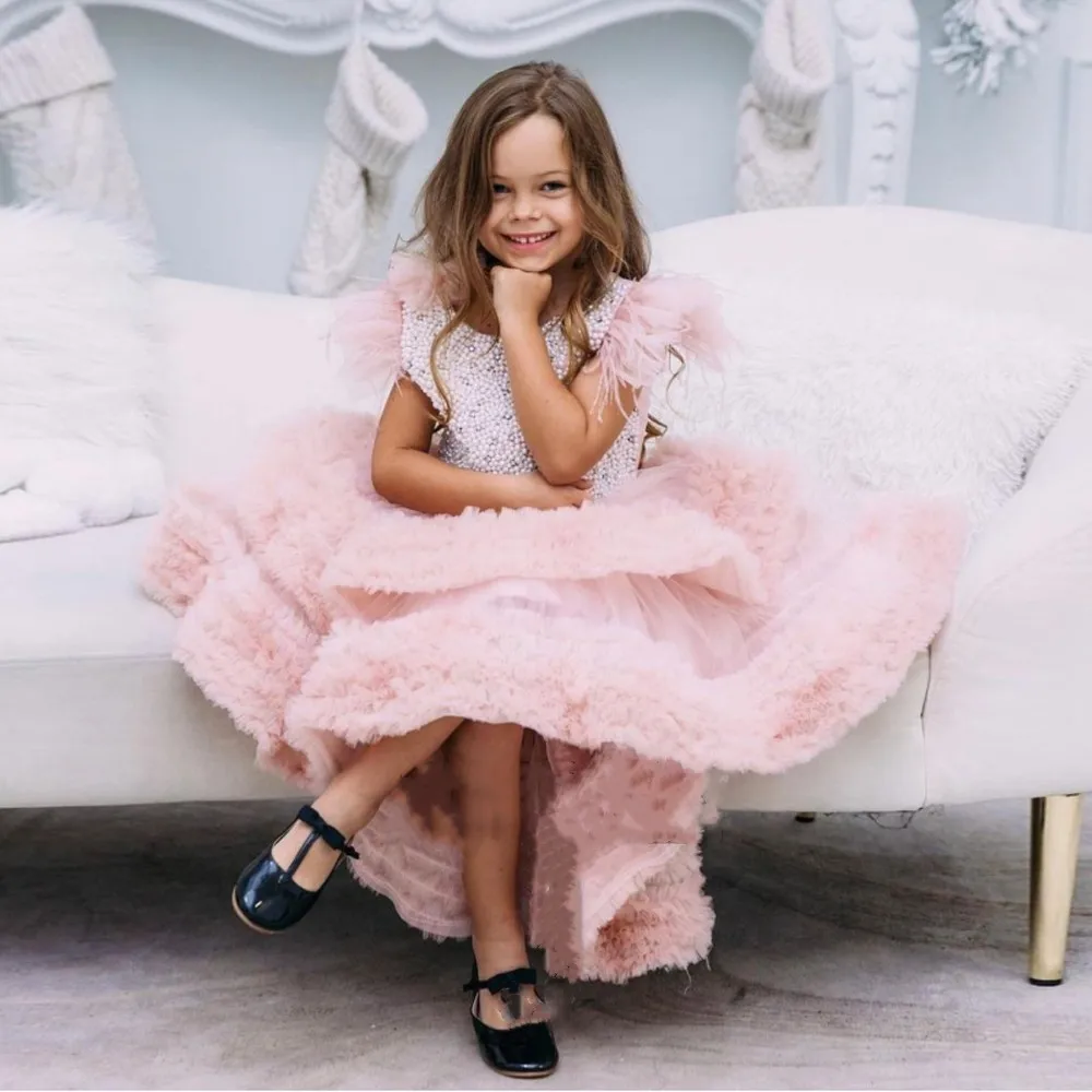 Vestido De lujo para niña De las flores, traje escalonado De perlas con cristal, alto y bajo, para desfile De cumpleaños, comunión, bebé