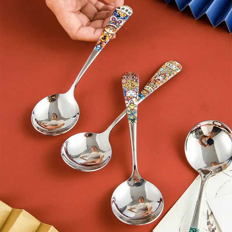 Colorful Print Handle Stainless Steel Spoon Serving Round Shape Coffee Scoops Ice Cream Dessert Tea Spoon Tableware Kitchen Tool image 5