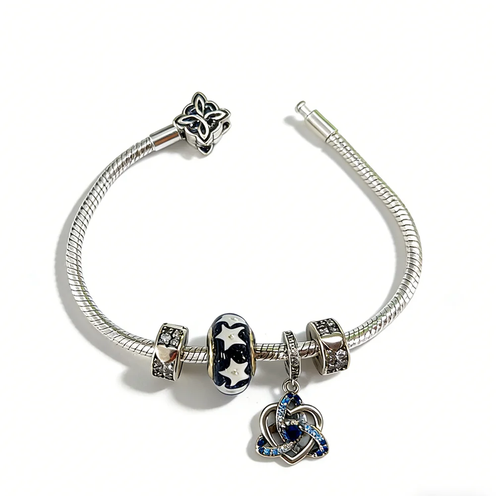

Original 925 Silver Jewelry Set Celtic Knot Pendant Bracelet Blue Zircon Pendant Love Star Murano Glass Beads DIY Gift with Box