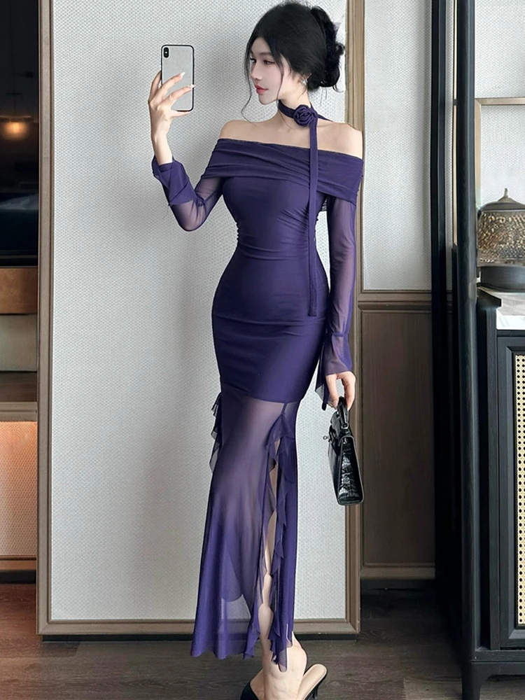 2025 Viola Maglia Patchwork Sheer Sexy Increspato Abito Lungo Donne Elegante Slash Neck Vestito Sexy Autunno Inverno Coreano Vestito Aderente