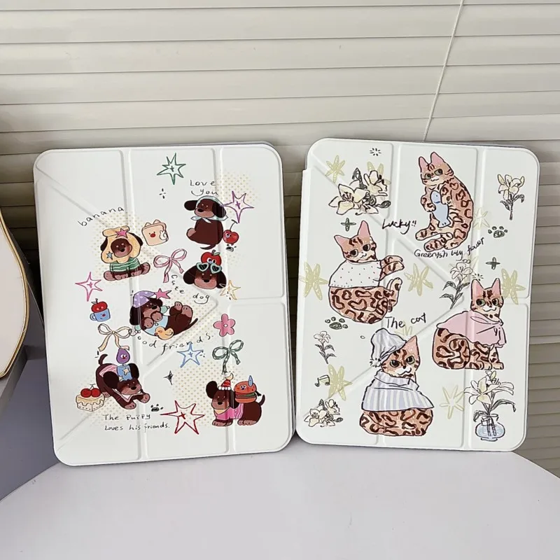 

Cartoon Cute Cat & Dog Print Tablet Case with Pen Holder for iPad Mini 1 2 3 4 5 6 7 7.9/8.3in 5/6 9.7in Air 10.5in Child Cover