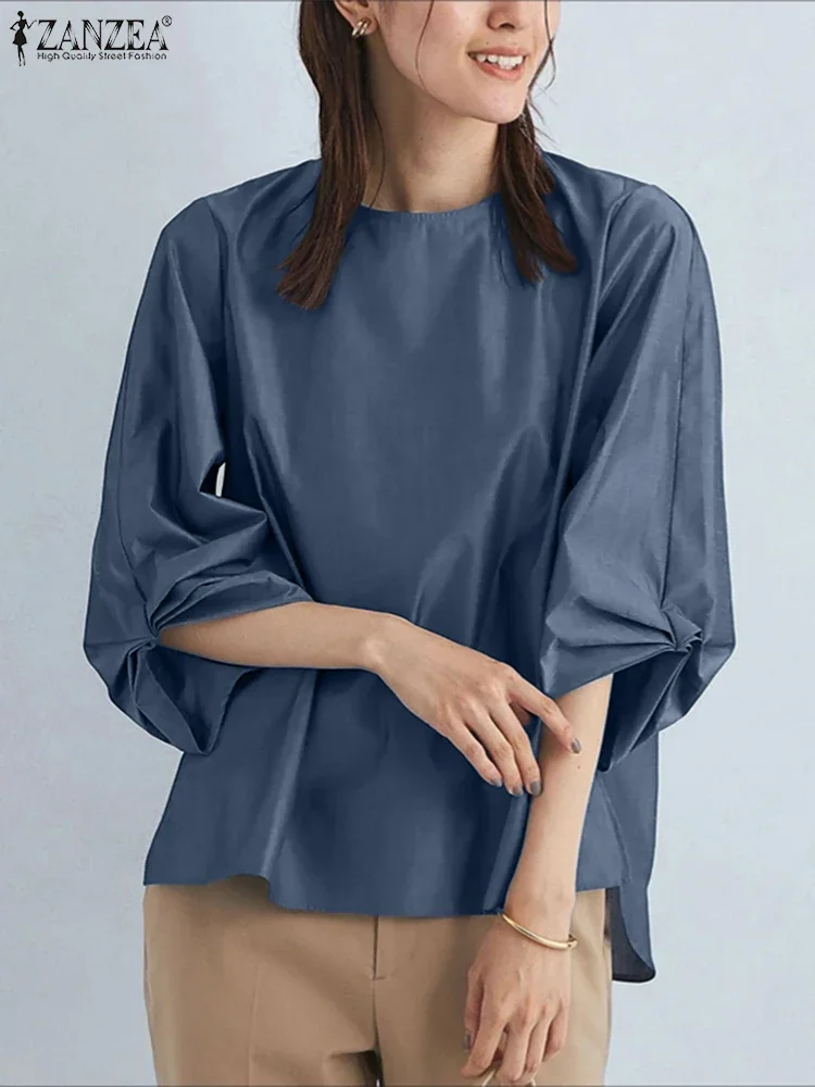 

ZANZEA 2025 Autumn Blusas Women Elegant Work OL Blouse Casual Loose 3/4 Lantern Sleeve Pleated Tops O-Neck Pullovers