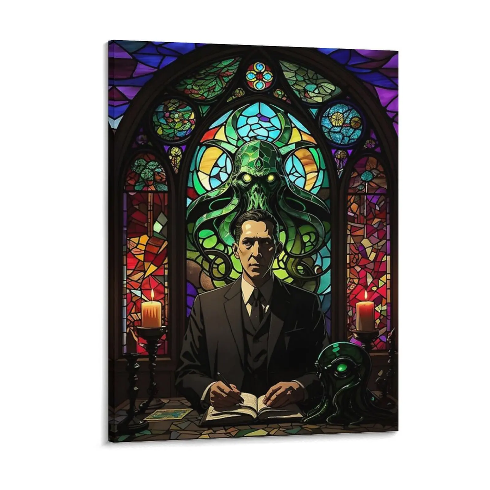 Retro Church Of Cthulhu Stained Glass Window With Hp Lovecraft Canvas Painting Club Bar Print Pub Mural Framed Wall Paintings