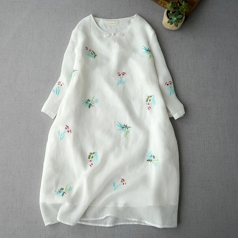 

Spring Summer 2023 Women Loose Floral Embroidered Comfortable Natural Breathable Water Washed Thin Ramie Dresses 4 Colors