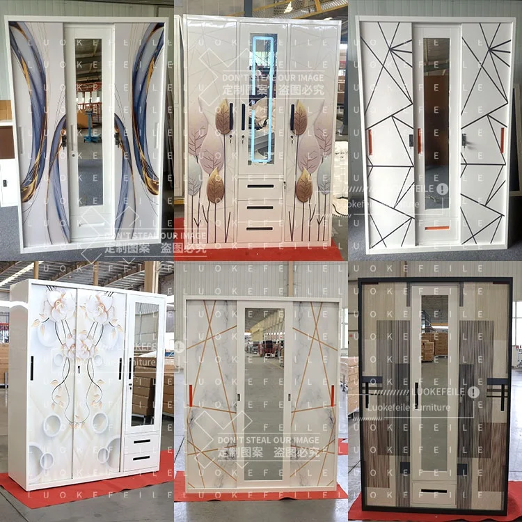 الأثاث الأبيض غرفة نوم 3 أبواب الأثاث الطباعة مرآة منزلقة حجم الباب تصميم ملابس بسيطة ألميرا 3 أبواب خزانة الصلب #2