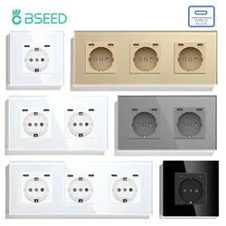 BSEED EU Standard Single Power Socket Dual USB Type-c Charge 16A Double Wall Outlets Triple Sockets Glass Quadruple Wall Sockets