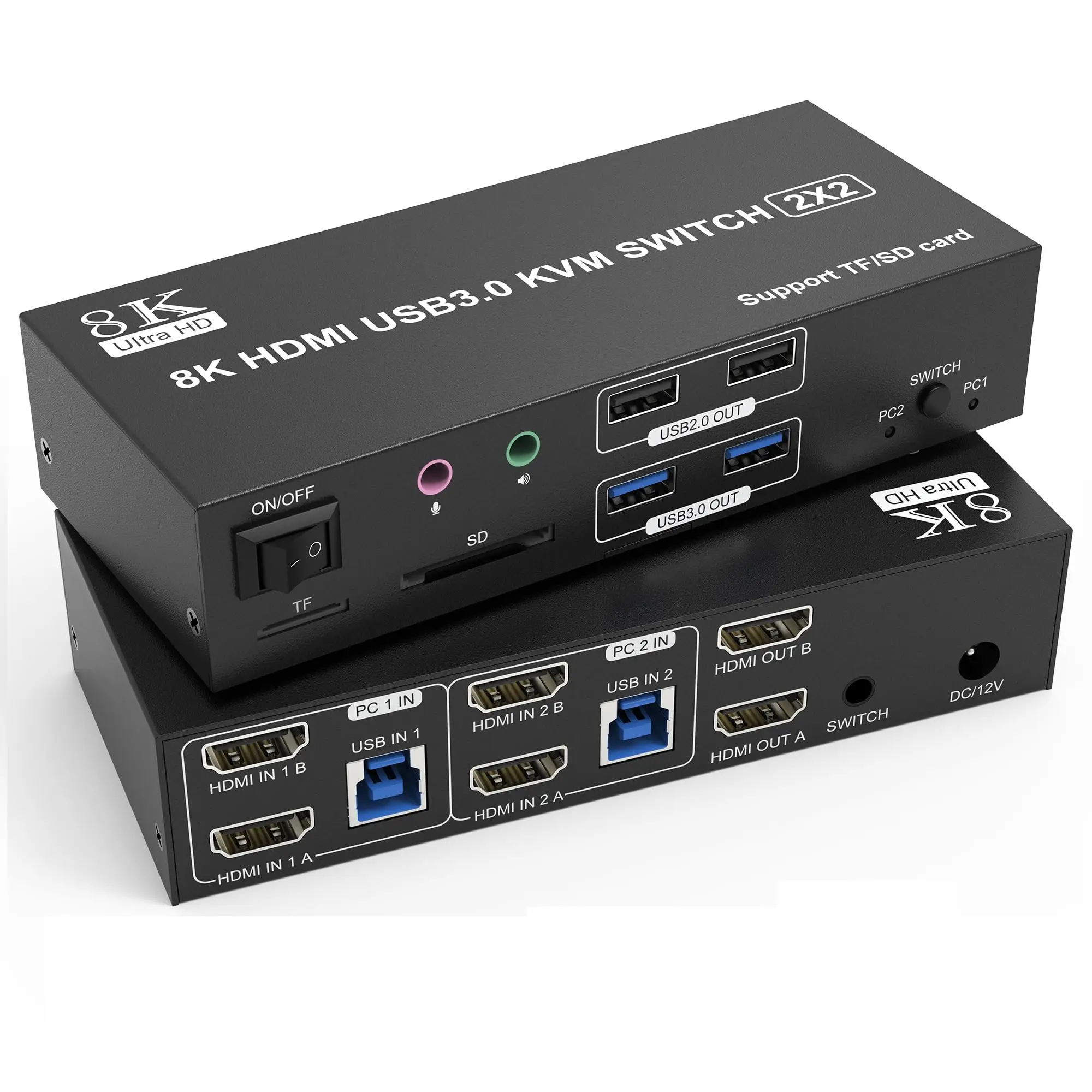 8K Dual Monitor HDMI KVM Switch 2 Monitors 2 Computers,4 USB Devices, Audio Microphone and SD TF Card, 8K@60Hz 4K@120Hz