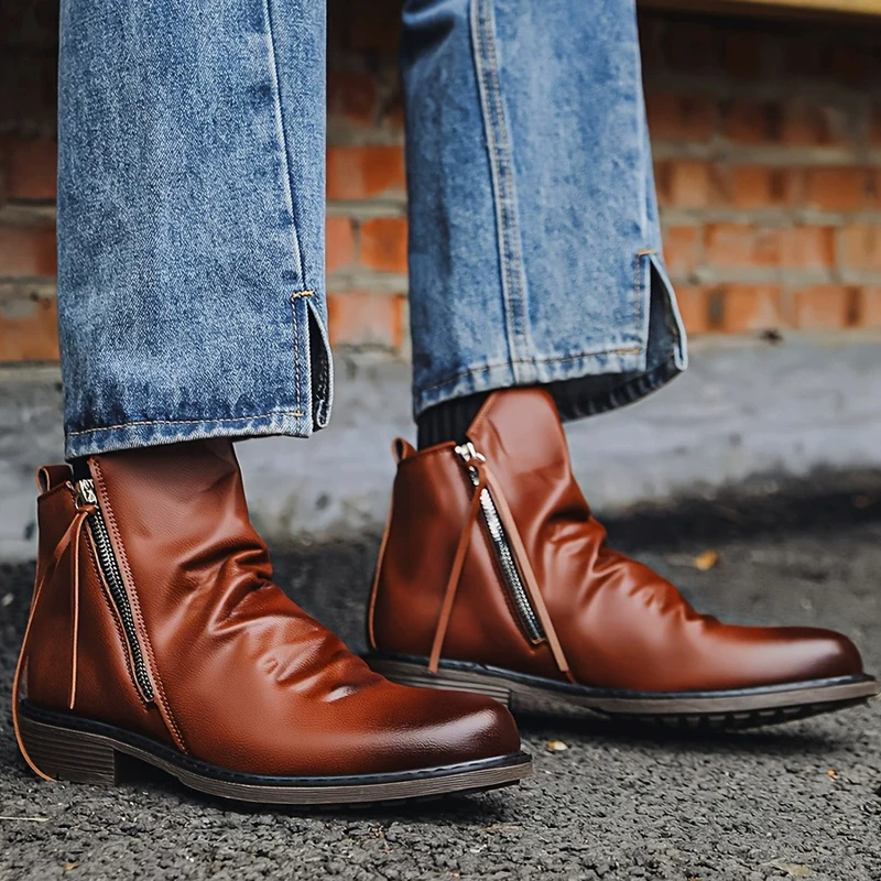 

Retro Men's Leather Boots Side Zipper Men Ankle Boots High Quality Men Leather Shoes Autumn Motorcycle Boots Large Size 48