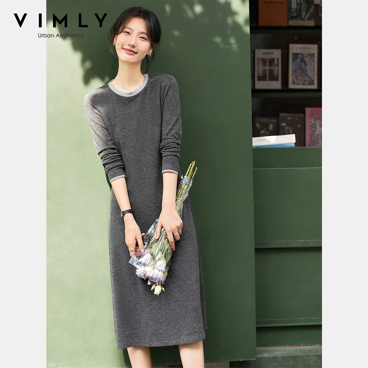

VIMLY Women's Grey Dresses Autumn 2025 Elegant Contrast Color O-neck Ladies Dress Casual Long Knitted Slim Female Dresses A2793