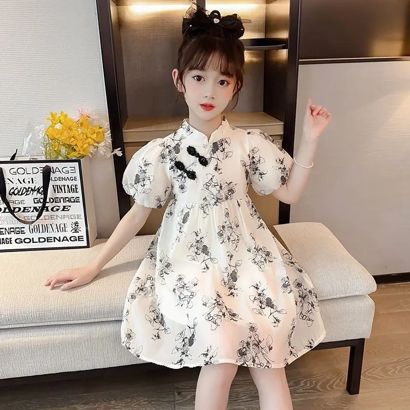 

Girls Chinese style grace dress for summer 2024 new girls fashionable and charming princess dress for summer short sleeved dress